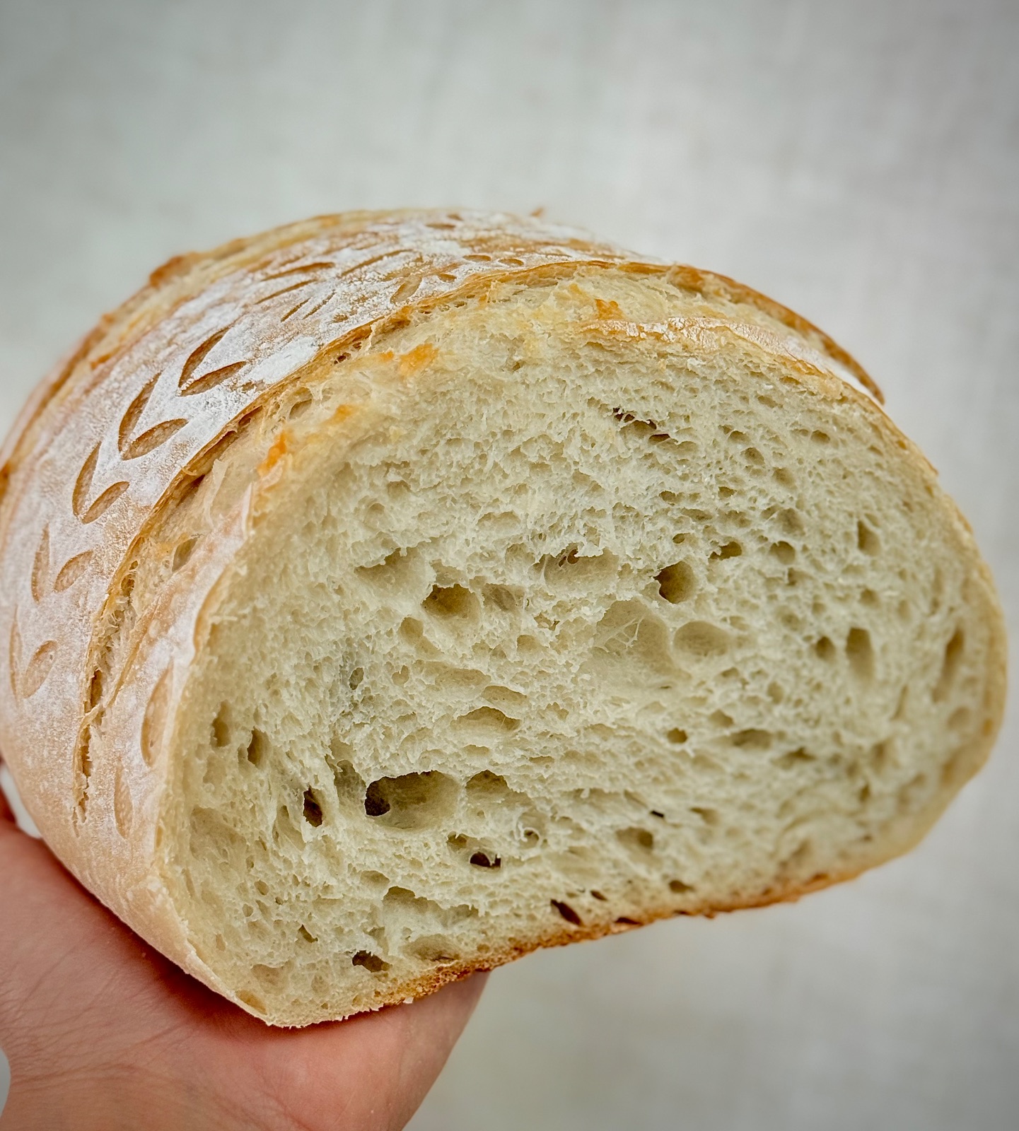 Open sourdough crumb showing the air pocket structure from proper long fermentation